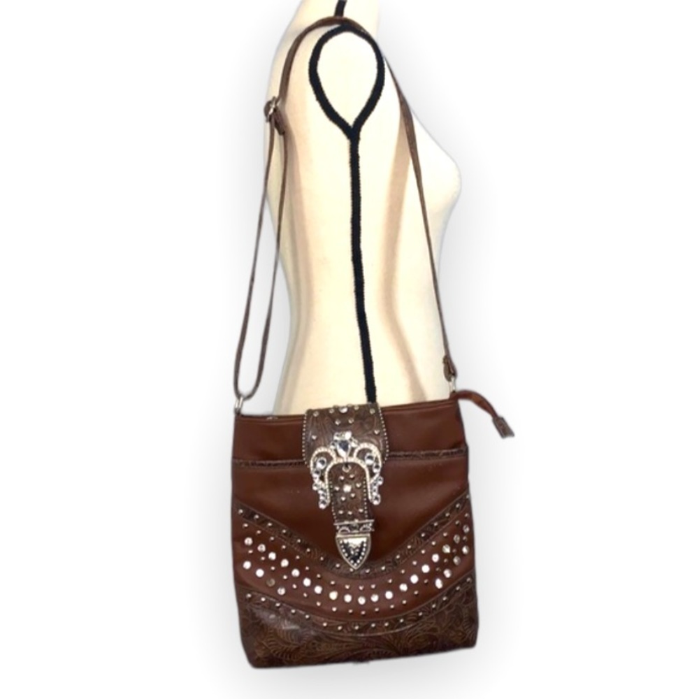 Vintage Western Rhinestone Buckle Crossbody Bag Brown Coastal Cowgirl Boho Purse